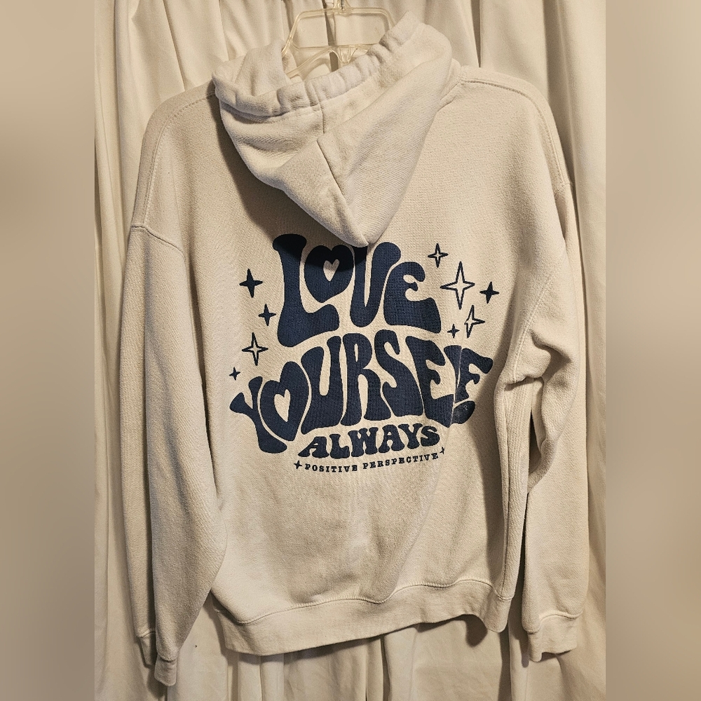Ladys White Pacific Hoodie LOVE YOURSELF on Frunt & Back M - Picture 2 of 3